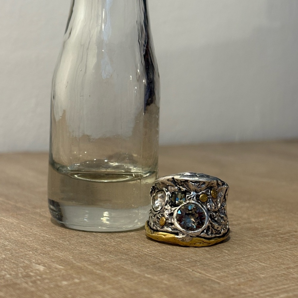 Waxing Poetic Silver and Gold Ring with Gemstones. Size 8